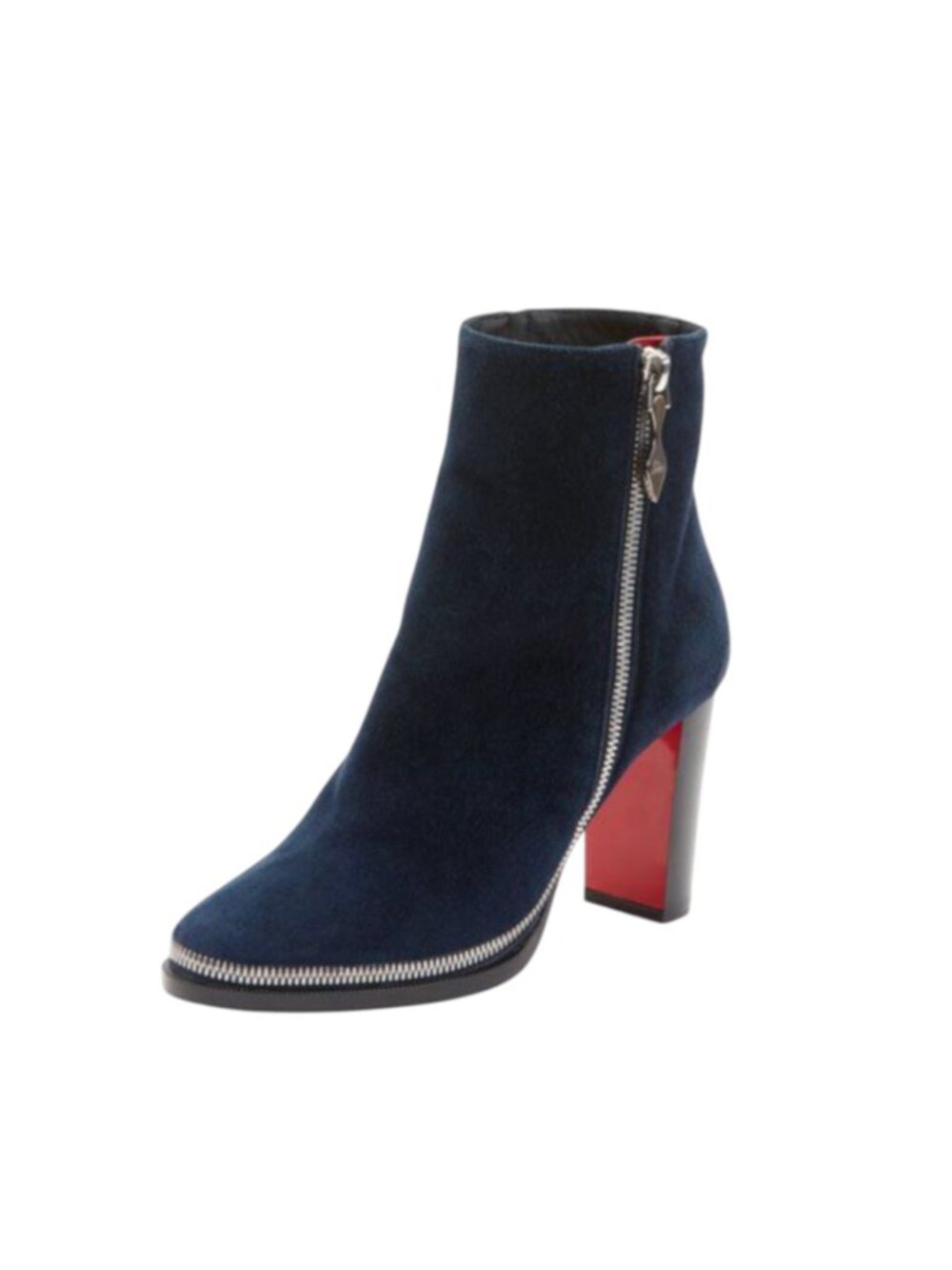 Christian Louboutin Telezip Ankle Boots Womens 36 6 Navy Blue Suede Zipper Red
